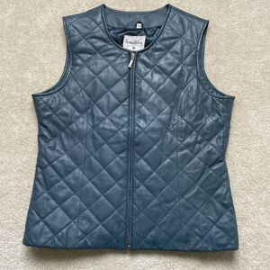 Pamela McCoy Leather Vest Hand Stitch Quilted Design Blue Lined Women's Large